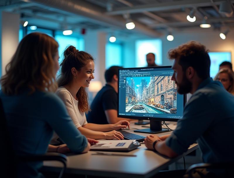 PixelSpark Media team working collaboratively in a modern studio environment, discussing a project on a large screen.
