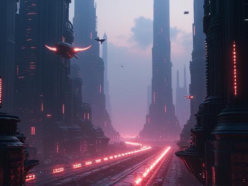 Still frame from a sci-fi short film featuring a futuristic city with heavy visual effects